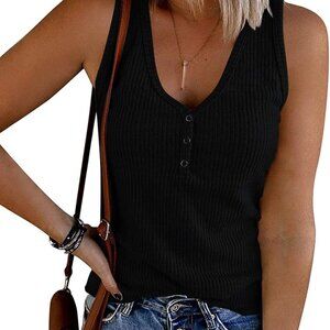 Brand New Women's V Neck Tank Top Summer Sleeveless Ribbed Button Casual Henley